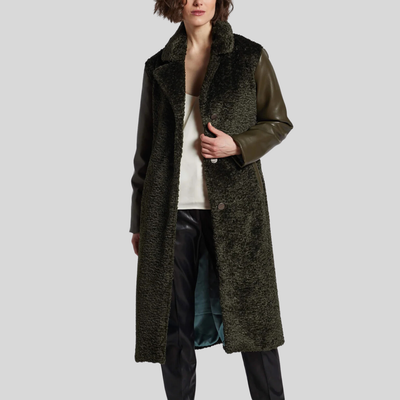 Gotstyle Fashion - Adroit Atelier Coats Faux Fur Vegan Leather Sleeves Long Coat - Olive