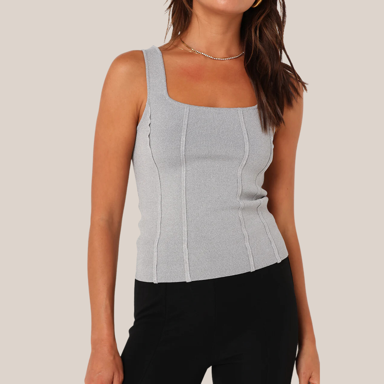 Gotstyle Fashion - Madison Tops Stretch Knit Square Neck Tank Top - Grey