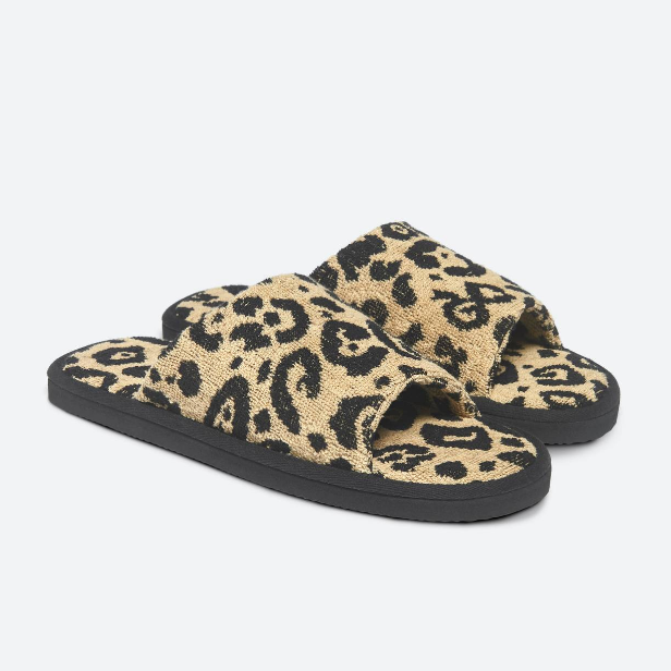 Leopard Print Terry Open Toe Slippers Tan - Main Image