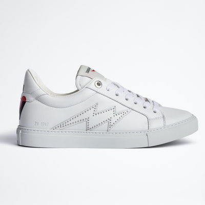 Gotstyle Fashion - Zadig & Voltaire Shoes Smooth Leather Sneaker with Studded Lightning Bolt - White