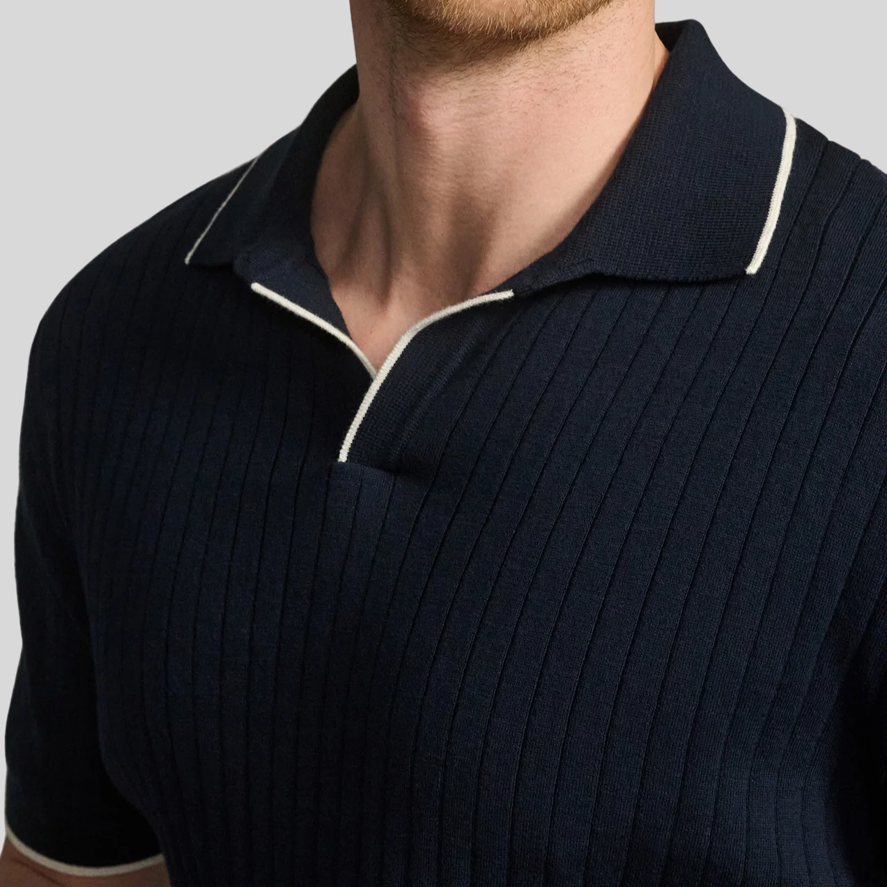 Open Collar Polo Sweater - Navy