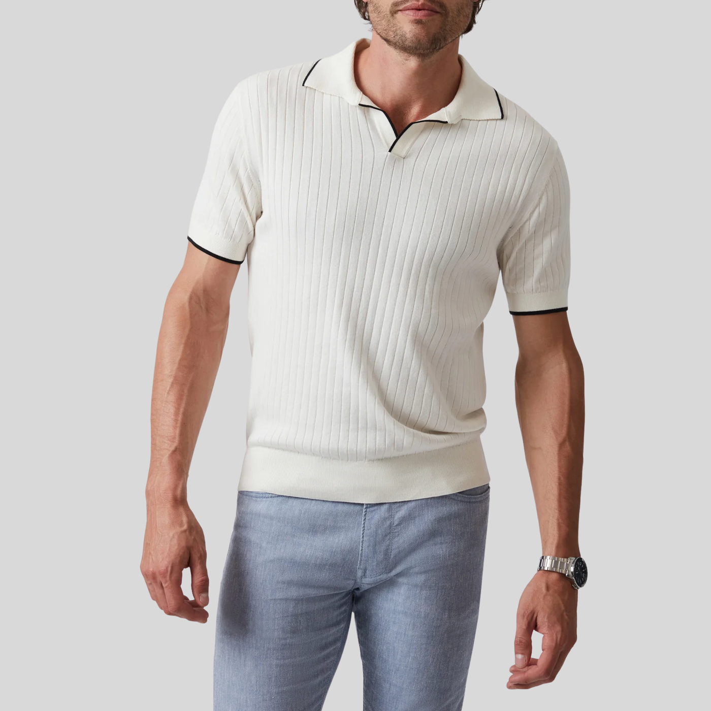 Open Collar Polo Sweater - Off-White
