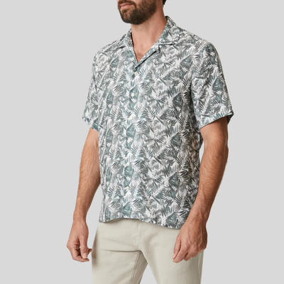 Cuban Collar Jungle Print Linen Shirt - Green