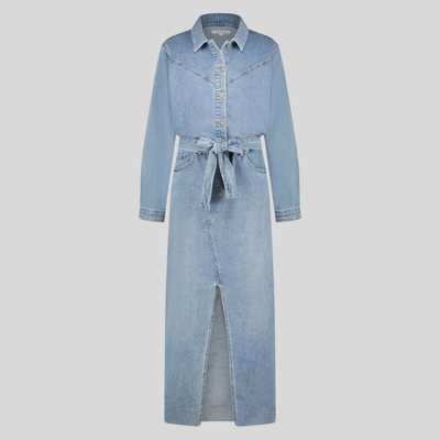 Gotstyle Fashion - Circle Of Trust Dresses Loose Fit Front Split Belted Denim Dress - Blue