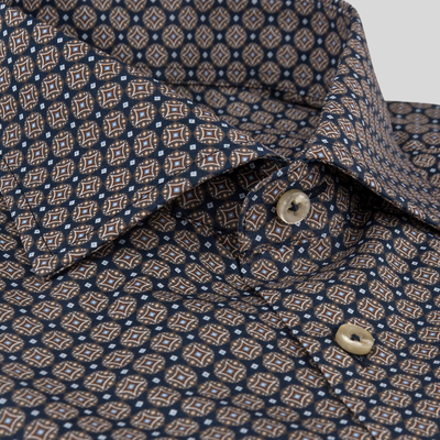 Gotstyle Fashion - Oscar Of Sweden Collar Shirts Geometric Circles Pattern Shirt - Tan/Navy