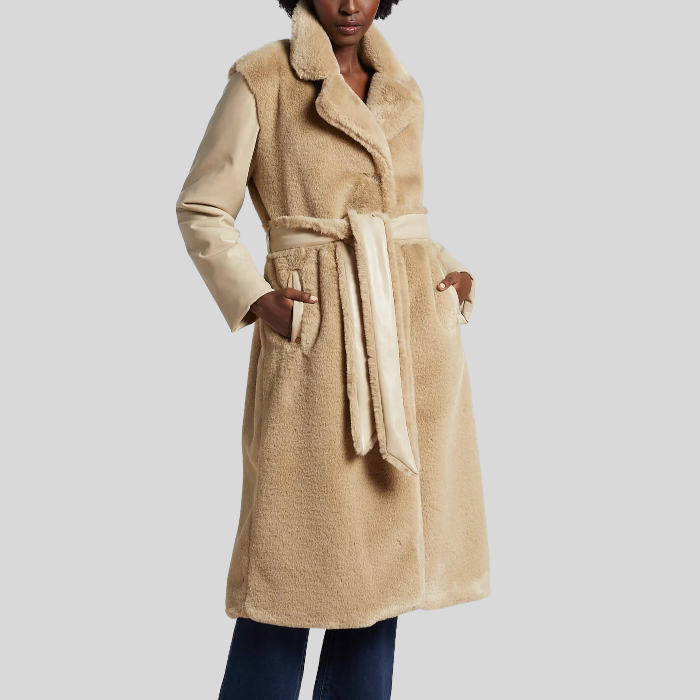 Gotstyle Fashion - Adroit Atelier Coats Faux Fur Vegan Leather Sleeves Long Coat - Beige