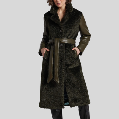 Gotstyle Fashion - Adroit Atelier Jackets Faux Fur Vegan Leather Sleeves Long Coat - Olive