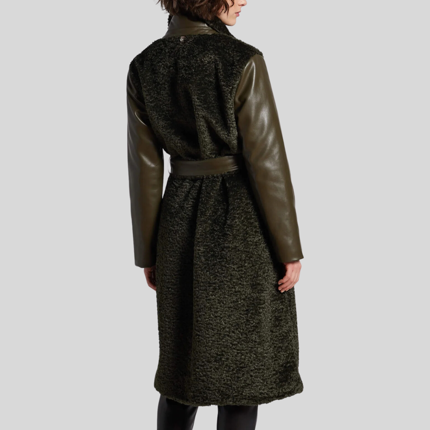 Gotstyle Fashion - Adroit Atelier Coats Faux Fur Vegan Leather Sleeves Long Coat - Olive