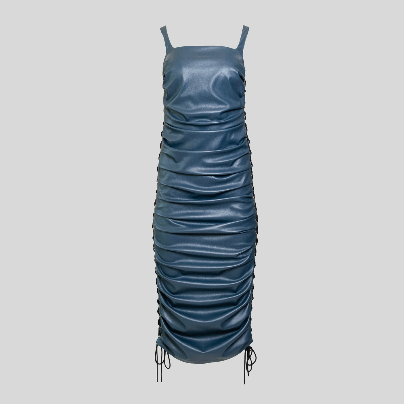 Gotstyle Fashion - Hilary MacMillan Dresses Ruched Lace Up Vegan Leather Dress - Teal
