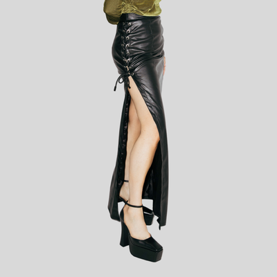 Gotstyle Fashion - Hilary MacMillan Skirts Lace Up Vegan Leather Midi Skirt - Black