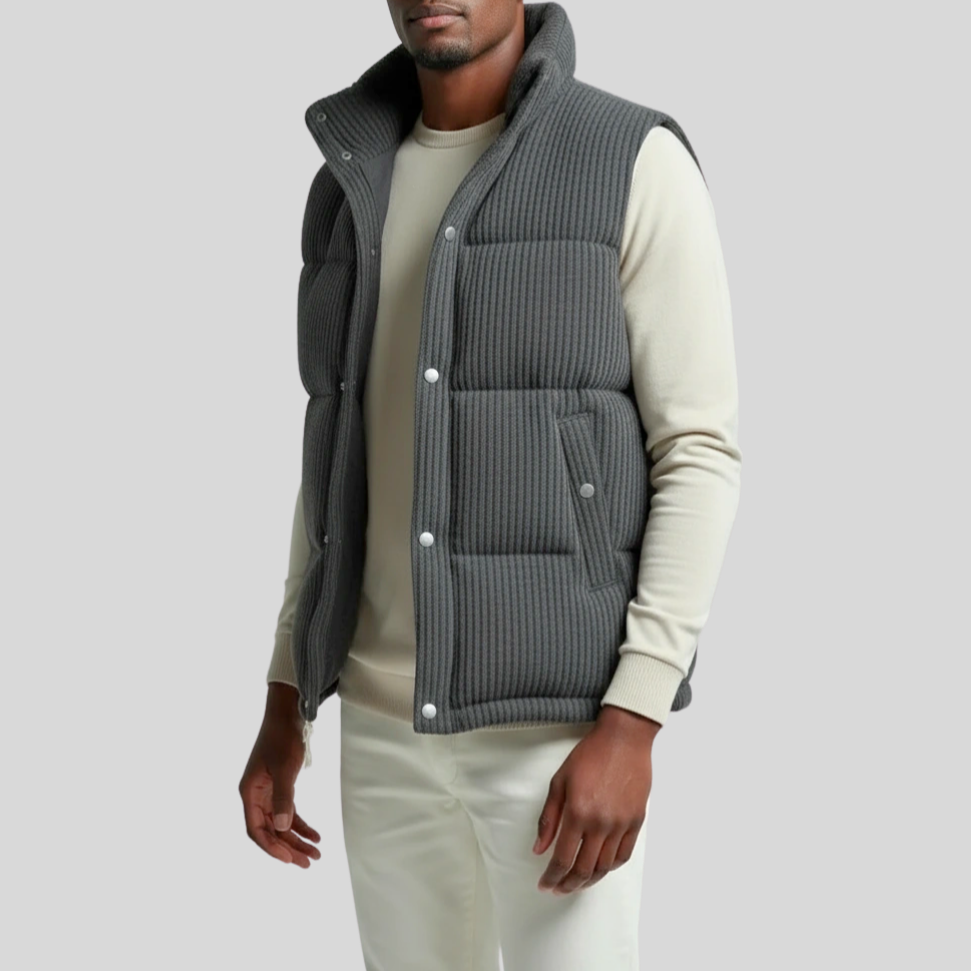 Quilted Ribbed Knit Wool Down Vest - Dark Grey