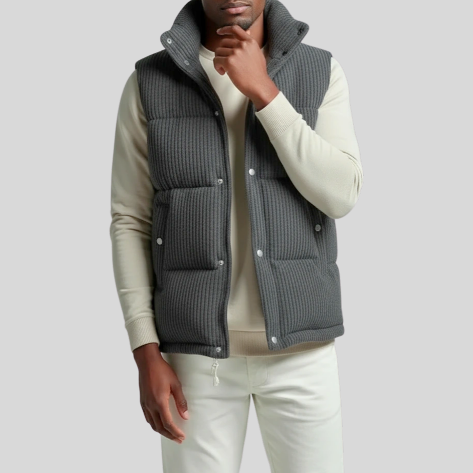 Quilted Ribbed Knit Wool Down Vest - Dark Grey