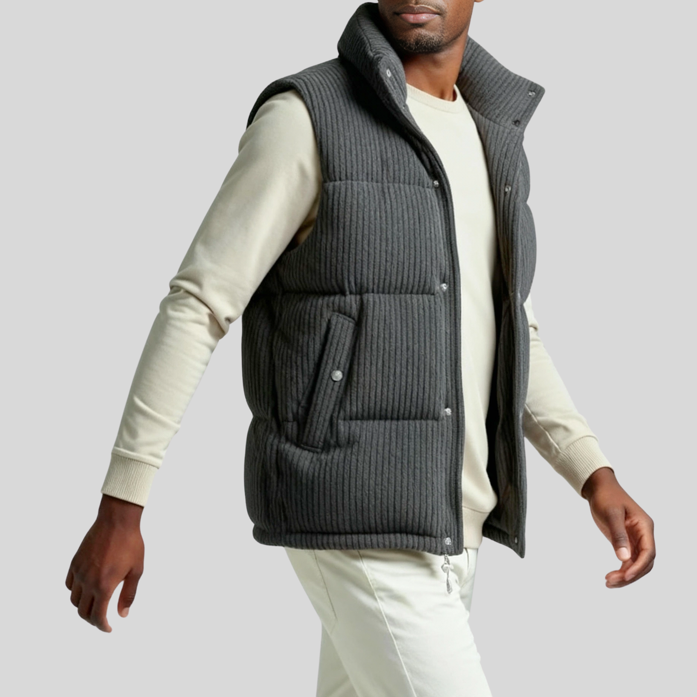 Quilted Ribbed Knit Wool Down Vest - Dark Grey