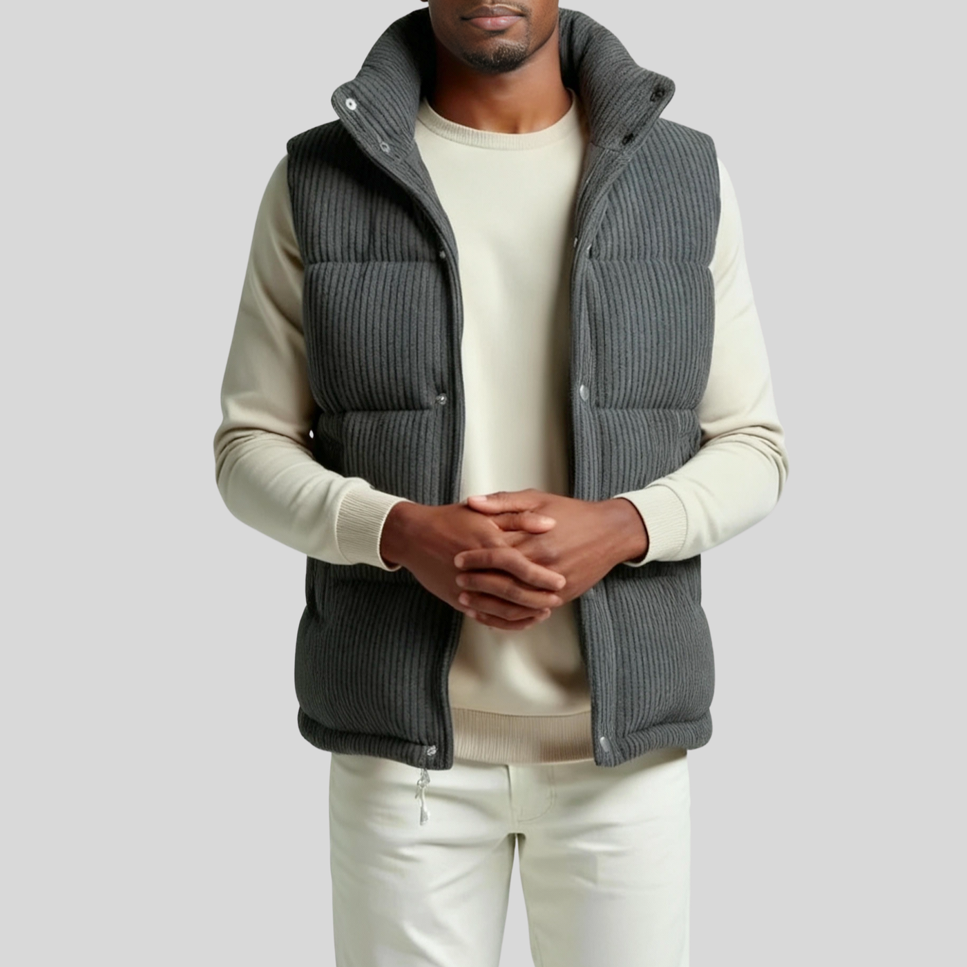 Quilted Ribbed Knit Wool Down Vest - Dark Grey