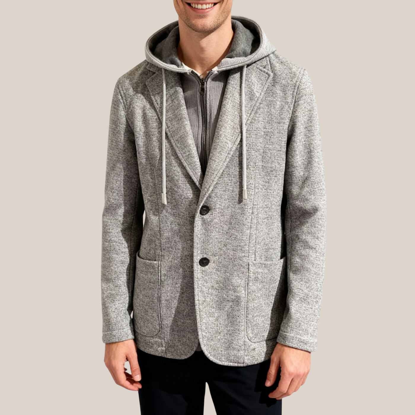 Wool Jersey Blazer with Removable Hood - Grey