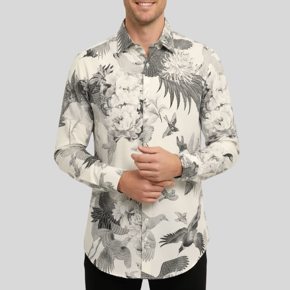 Birds and Flowers Ink Print Shirt - Beige
