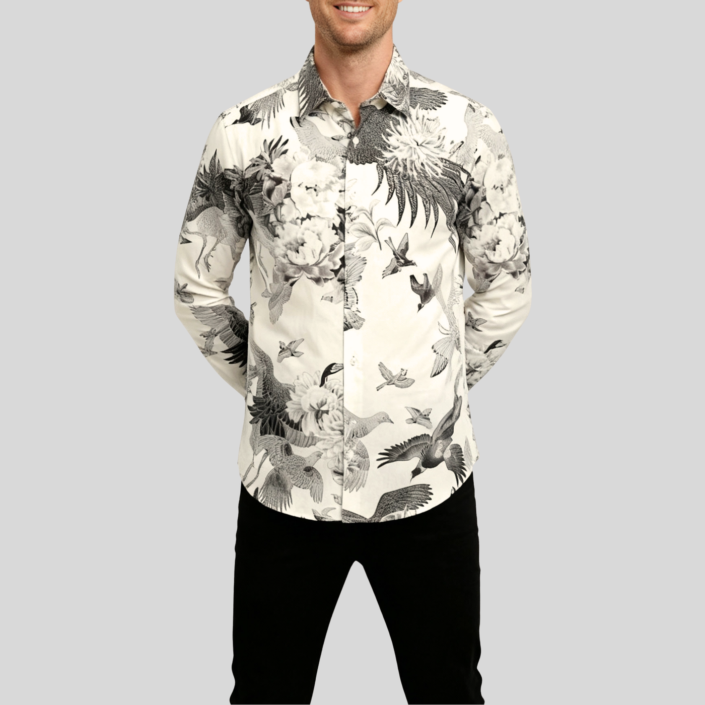 Birds and Flowers Ink Print Shirt - Beige