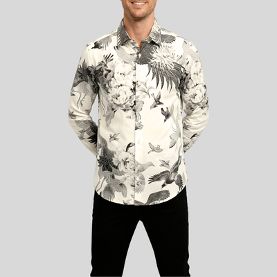 Birds and Flowers Ink Print Shirt - Beige