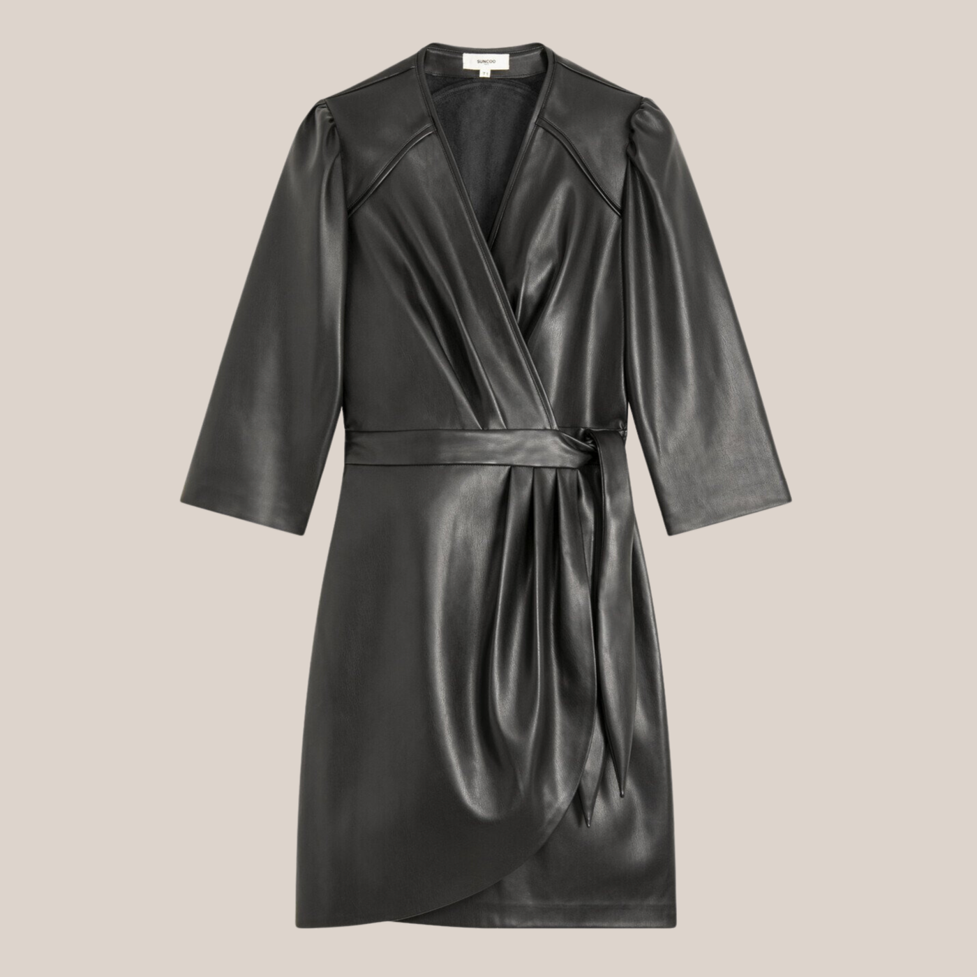 Gotstyle Fashion - Suncoo Dresses Faux Leather 3/4 Sleeve Wrap Dress - Black