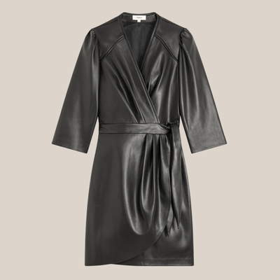 Faux Leather 3/4 Sleeve Wrap Dress - Black - Gotstyle