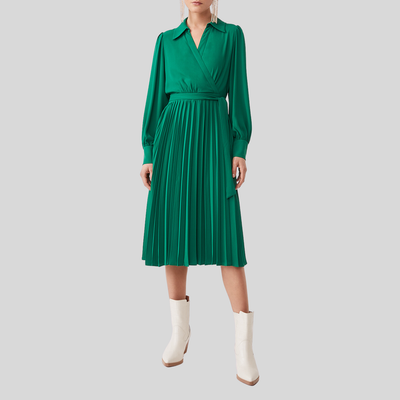 Pleated Collared V-Neck Wrap Dress - Green - Gotstyle