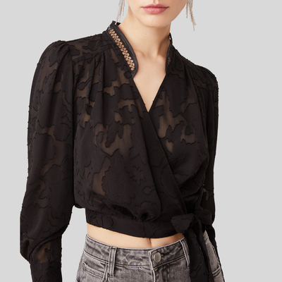 Gotstyle Fashion - Suncoo Blouses Wrap Collar Crop Burnout Blouse - Black