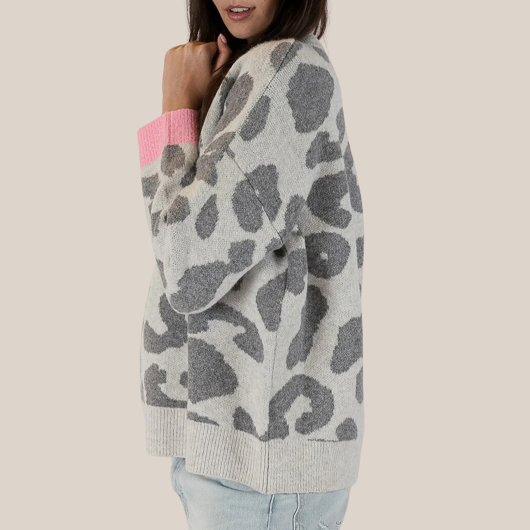 Gotstyle Fashion - Lyla & Luxe Sweaters Eco Leopard Print Contrasting Sweater - Grey