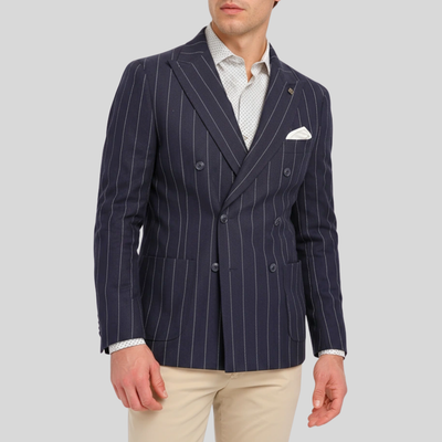 Double Breasted Pinstripe Knit Blazer - Navy