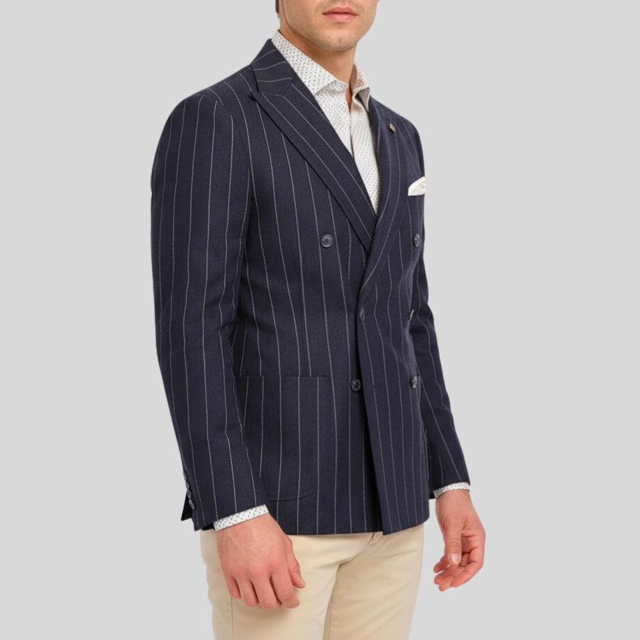 Double Breasted Pinstripe Knit Blazer - Navy