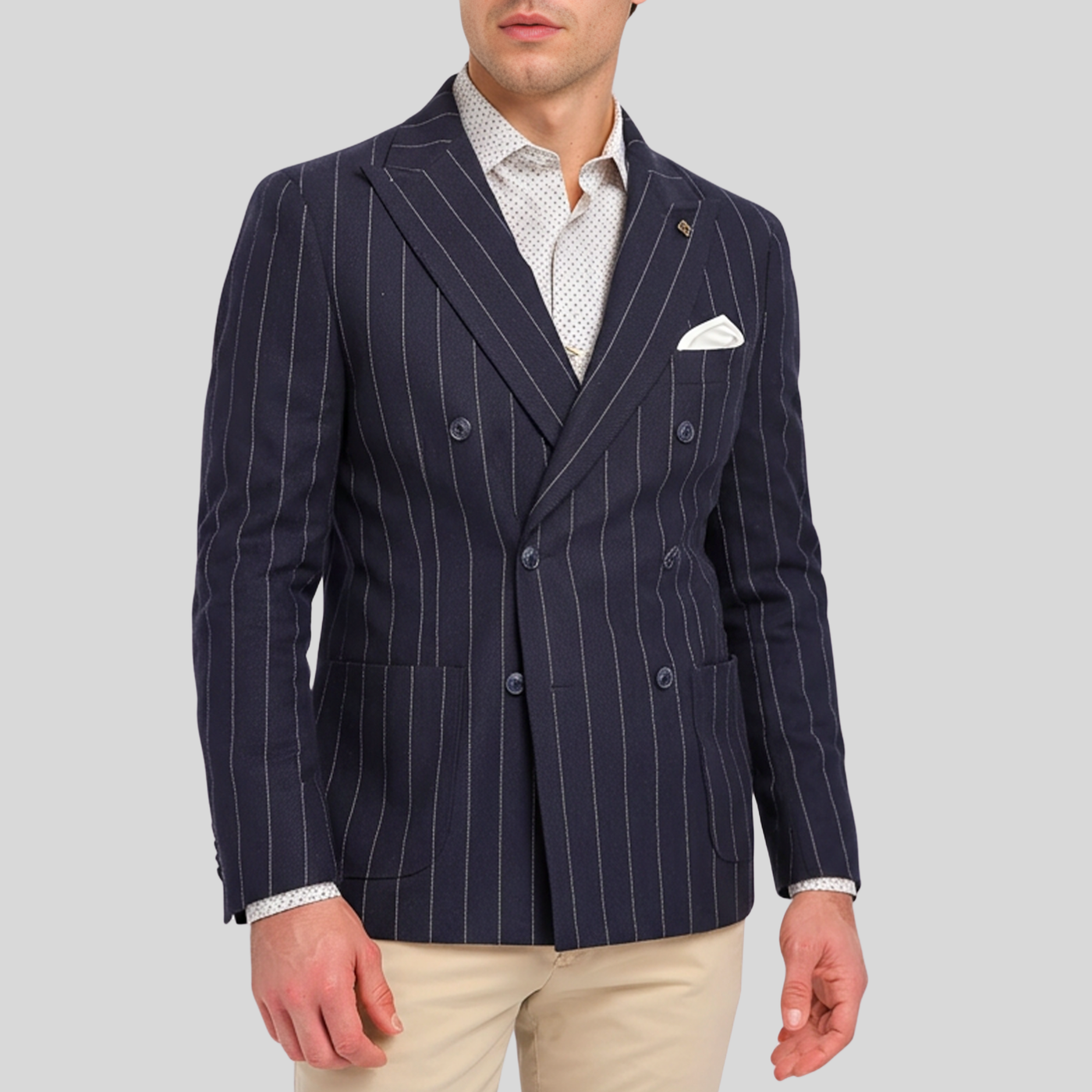 Double Breasted Pinstripe Knit Blazer - Navy