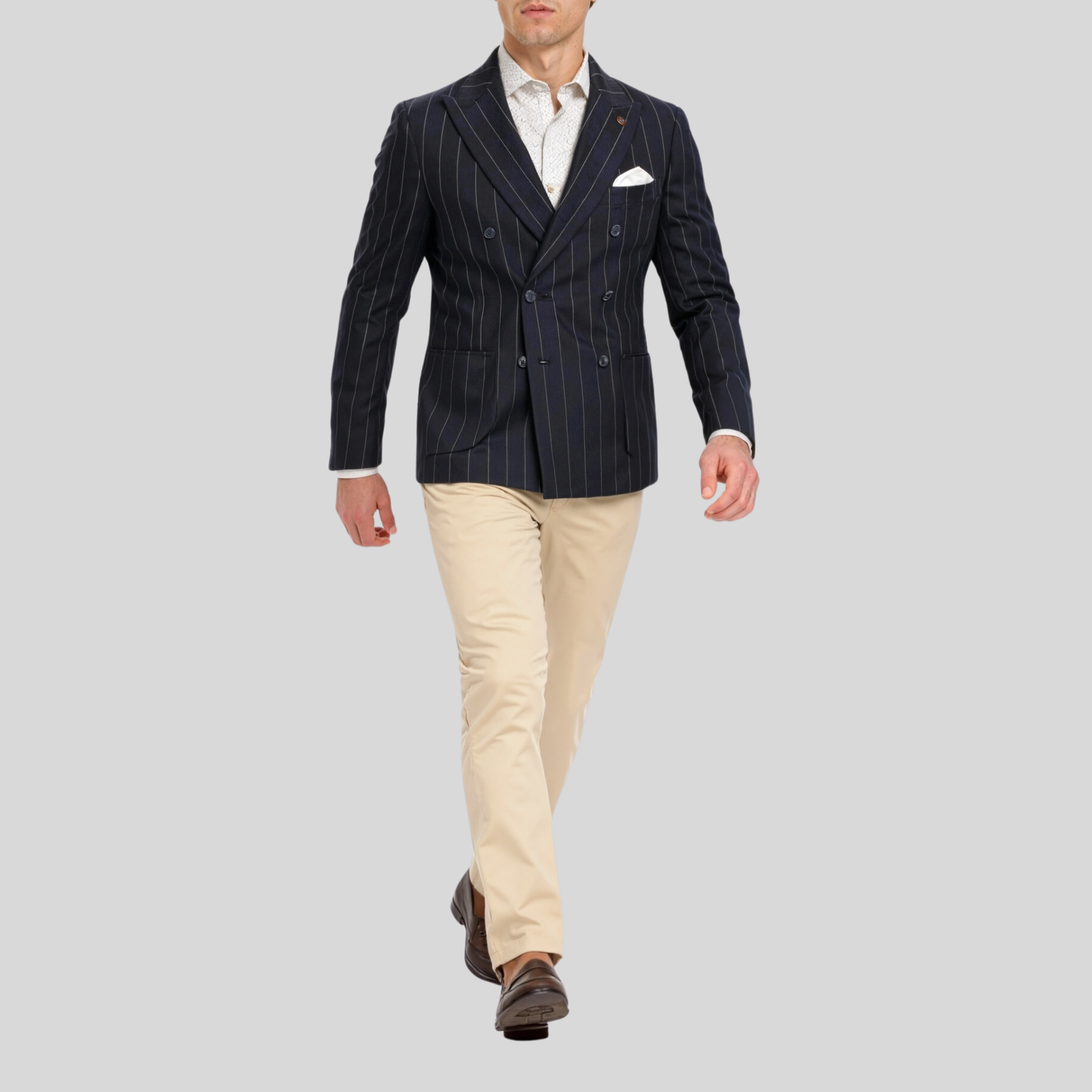 Double Breasted Pinstripe Knit Blazer - Navy