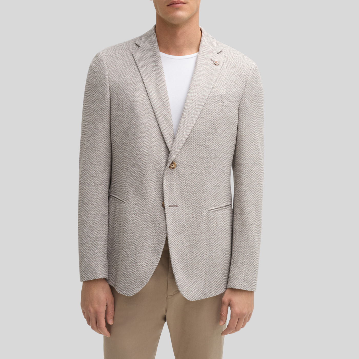 Textured Herringbone Piped Pockets Blazer - Sand/White