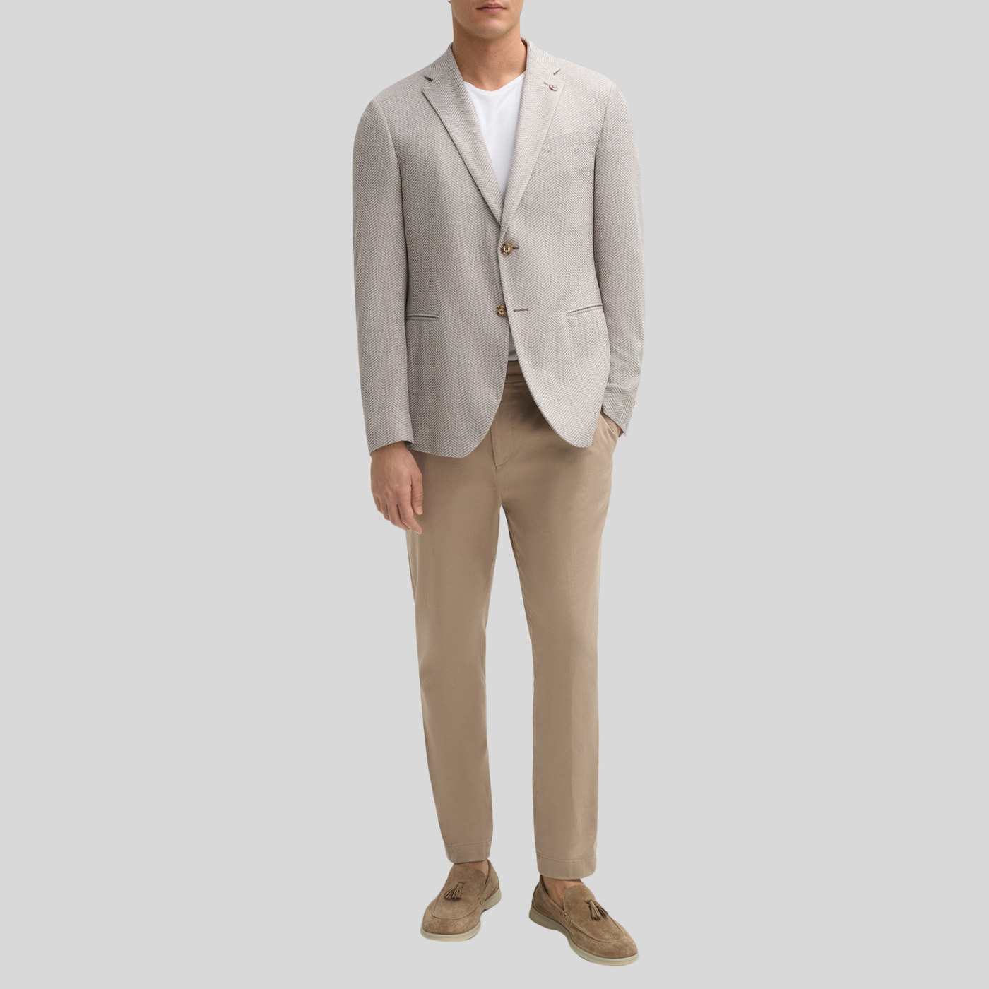 Textured Herringbone Piped Pockets Blazer - Sand/White