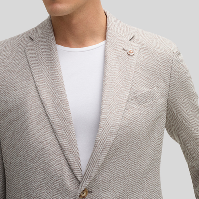 Textured Herringbone Piped Pockets Blazer - Sand/White