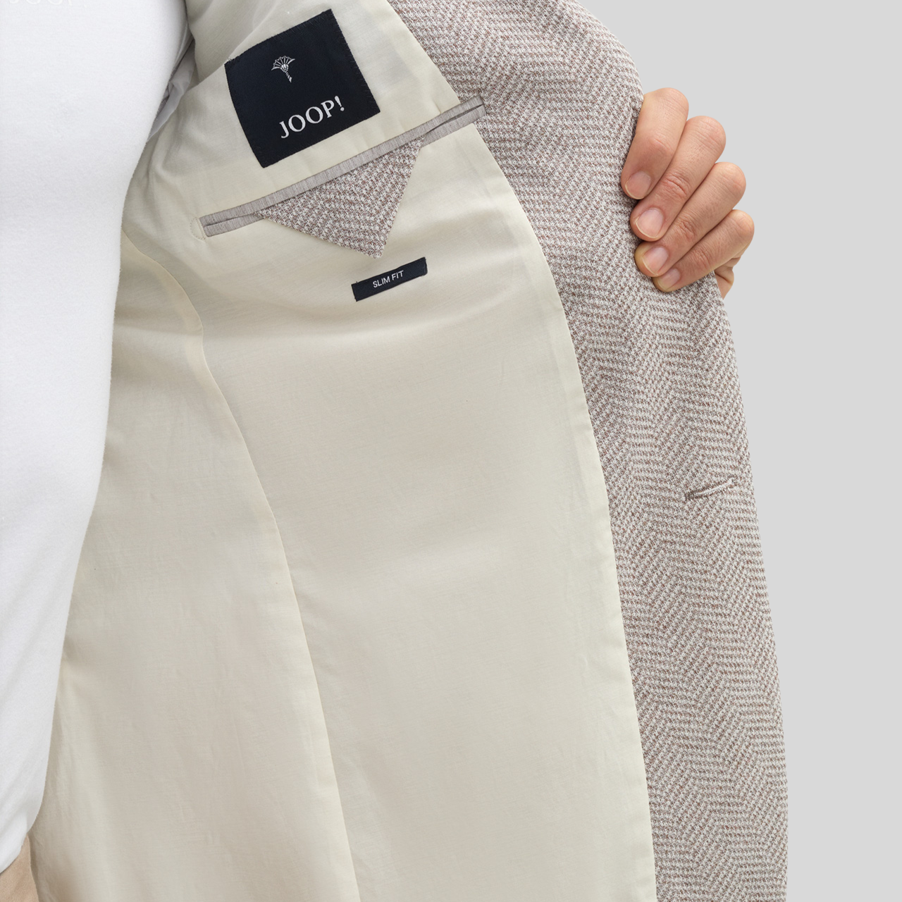 Textured Herringbone Piped Pockets Blazer - Sand/White