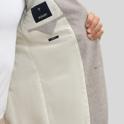 Textured Herringbone Piped Pockets Blazer - Sand/White