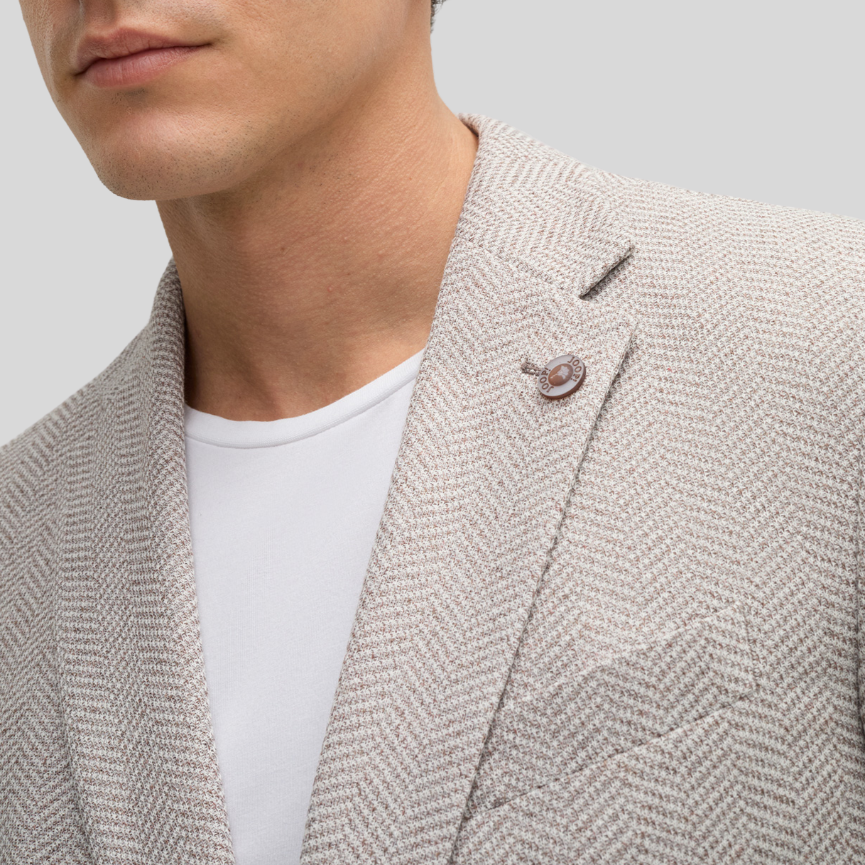 Textured Herringbone Piped Pockets Blazer - Sand/White