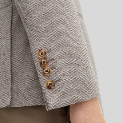 Textured Herringbone Piped Pockets Blazer - Sand/White