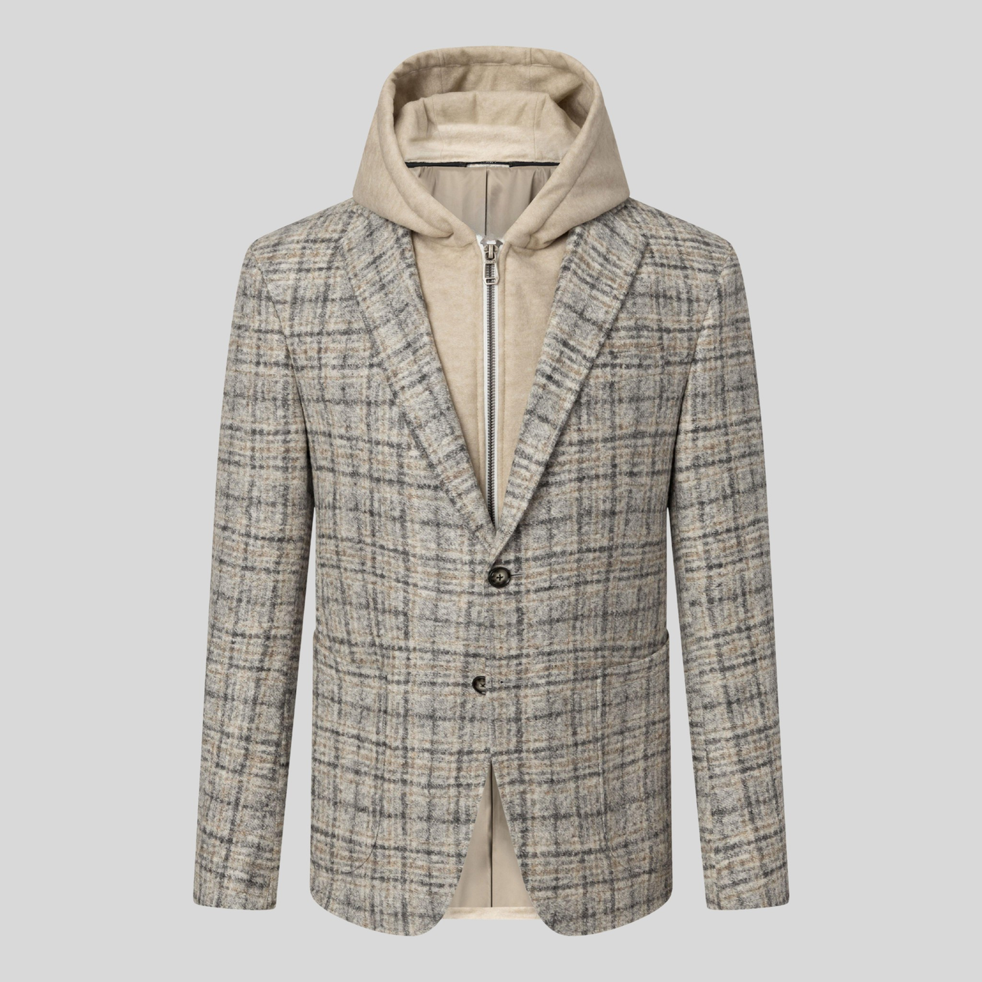 Plaid Blazer with Jersey Hood - Grey