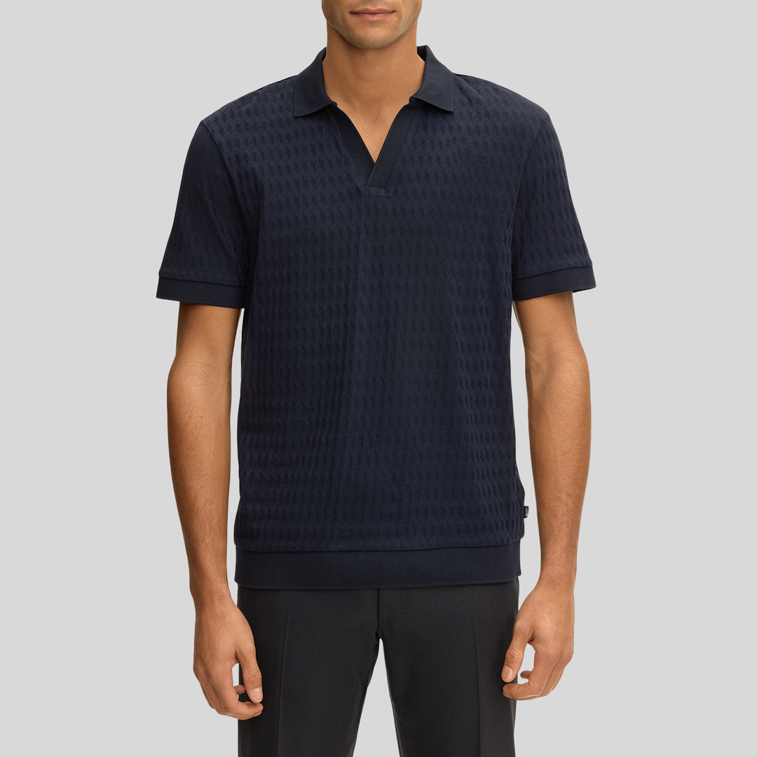 Joop! Textured Jacquard Knit Open Collar Polo Navy