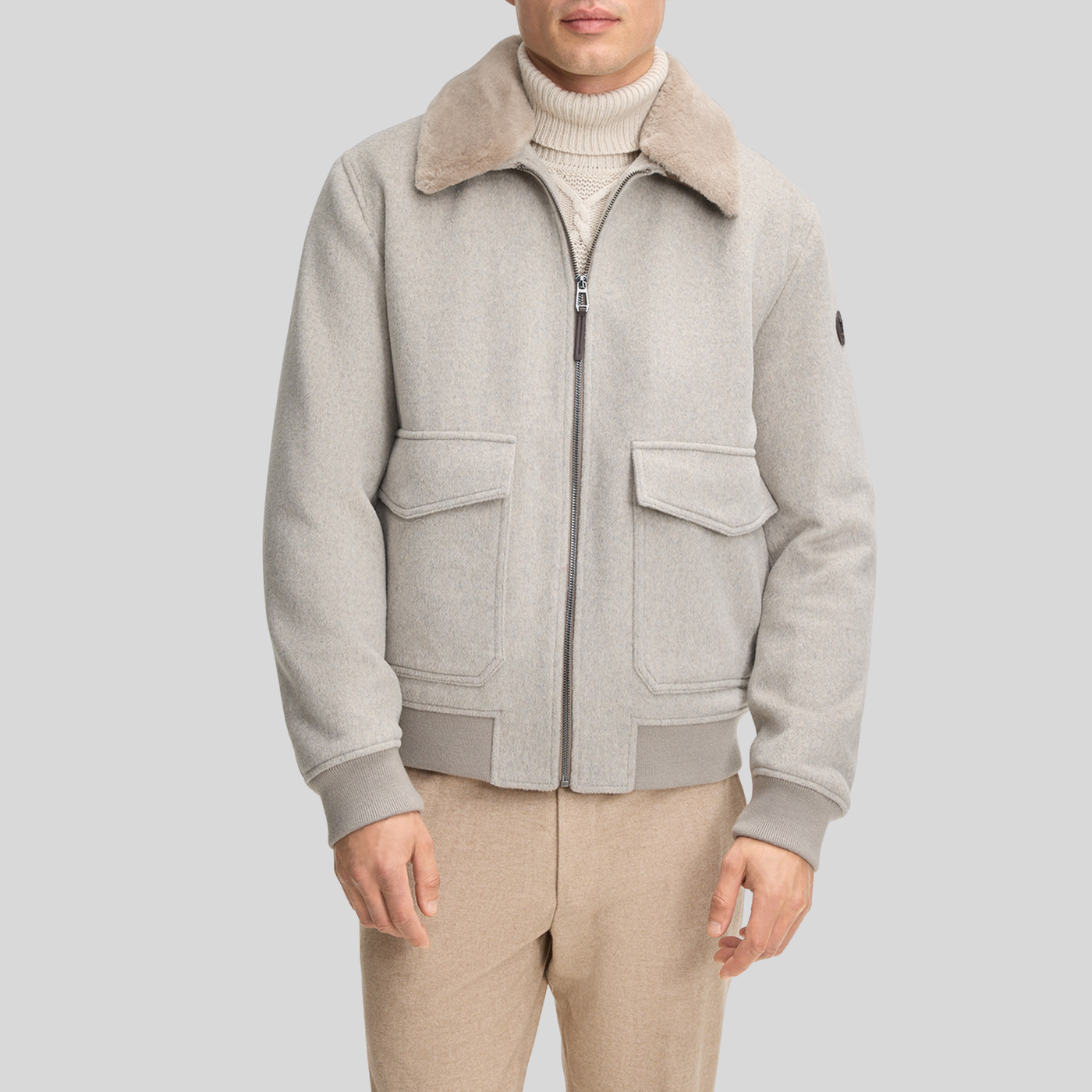 Wool Bomber with Faux Fur Collar - Light Grey