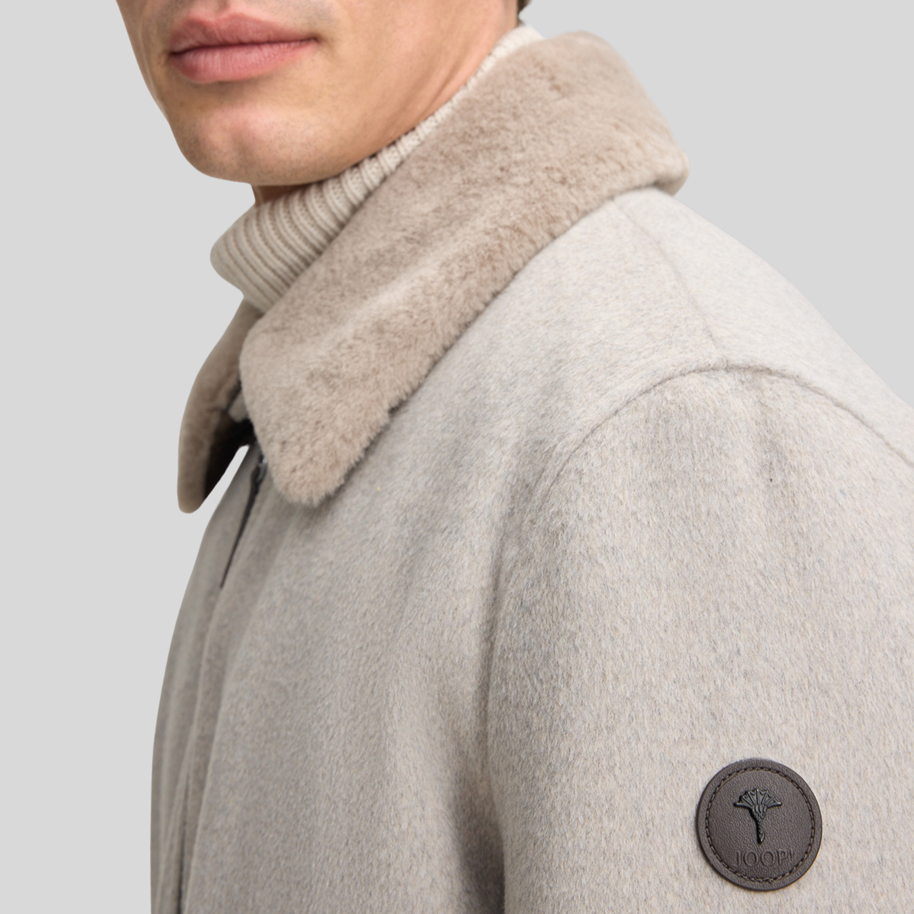 Wool Bomber with Faux Fur Collar - Light Grey