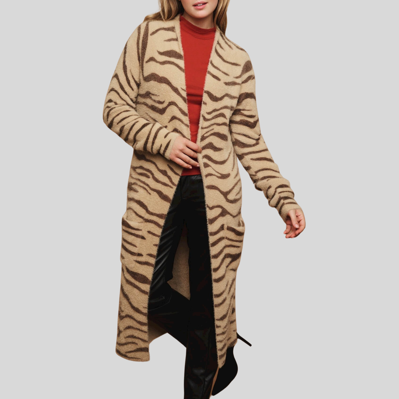 Gotstyle Fashion - Rino and Pelle Sweaters Zebra Print Long Open Cardigan - Tan