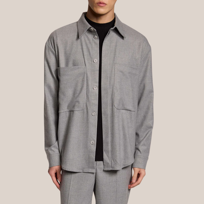 Flannel Overshirt with Chest Patch Pockets - Light Grey