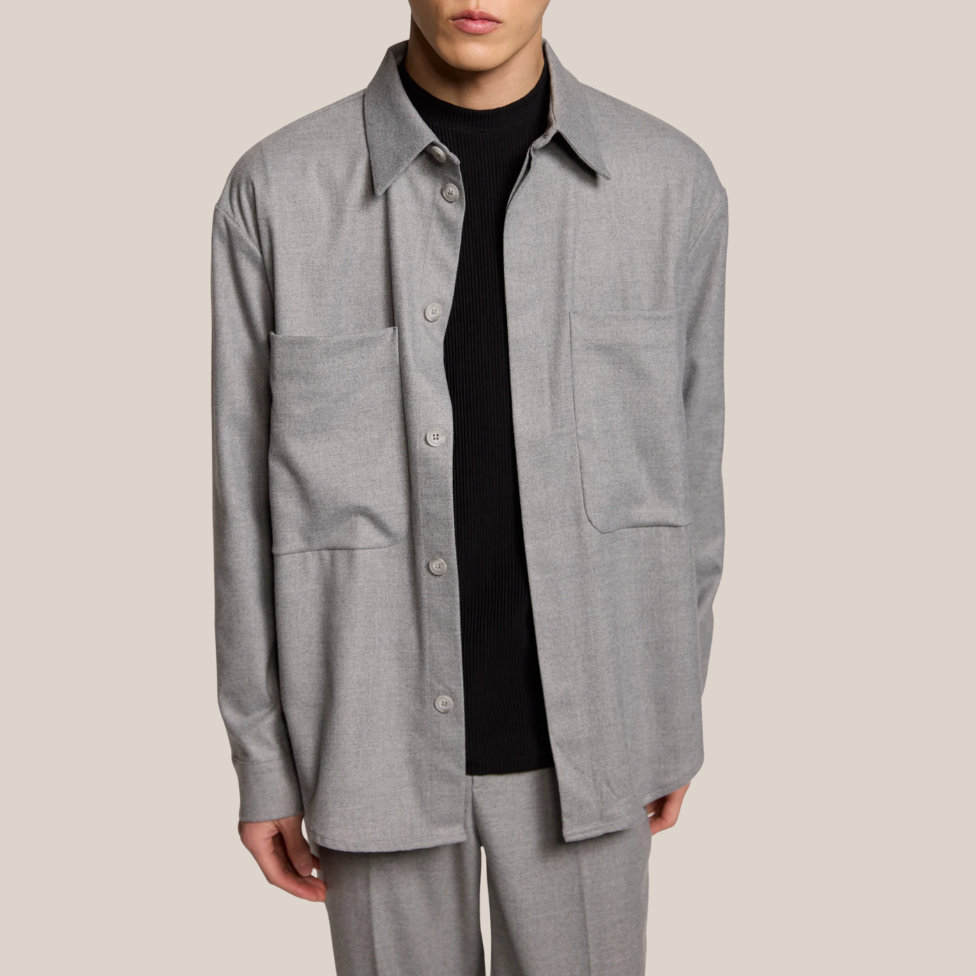 Flannel Overshirt with Chest Patch Pockets - Light Grey