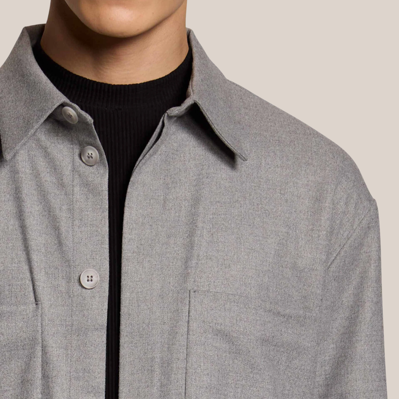 Flannel Overshirt with Chest Patch Pockets - Light Grey