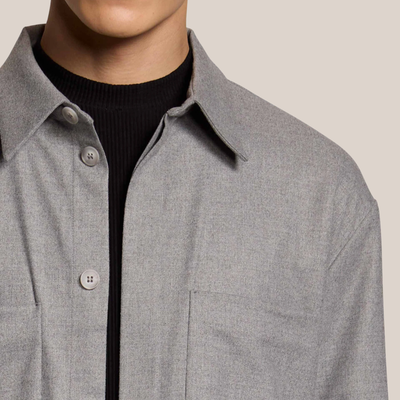 Flannel Overshirt with Chest Patch Pockets - Light Grey