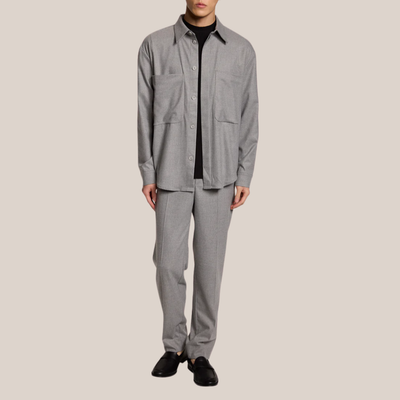 Flannel Overshirt with Chest Patch Pockets - Light Grey