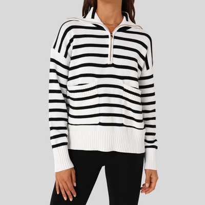 Gotstyle Fashion - Madison Sweaters Striped Quarter Zip Knit Sweater - White/Black