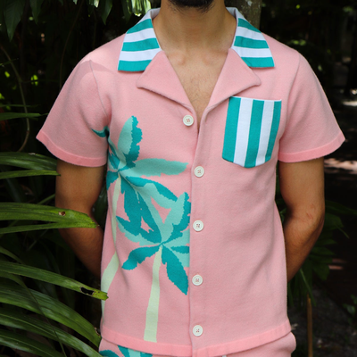 Gotstyle Fashion - MAVRANS Collar Shirts Abstract Palm Trees Print Knit Shirt - Pink